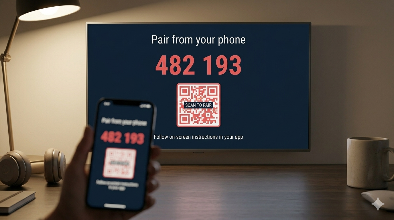 TV showing a pairing code and QR code with a phone for adopt flow