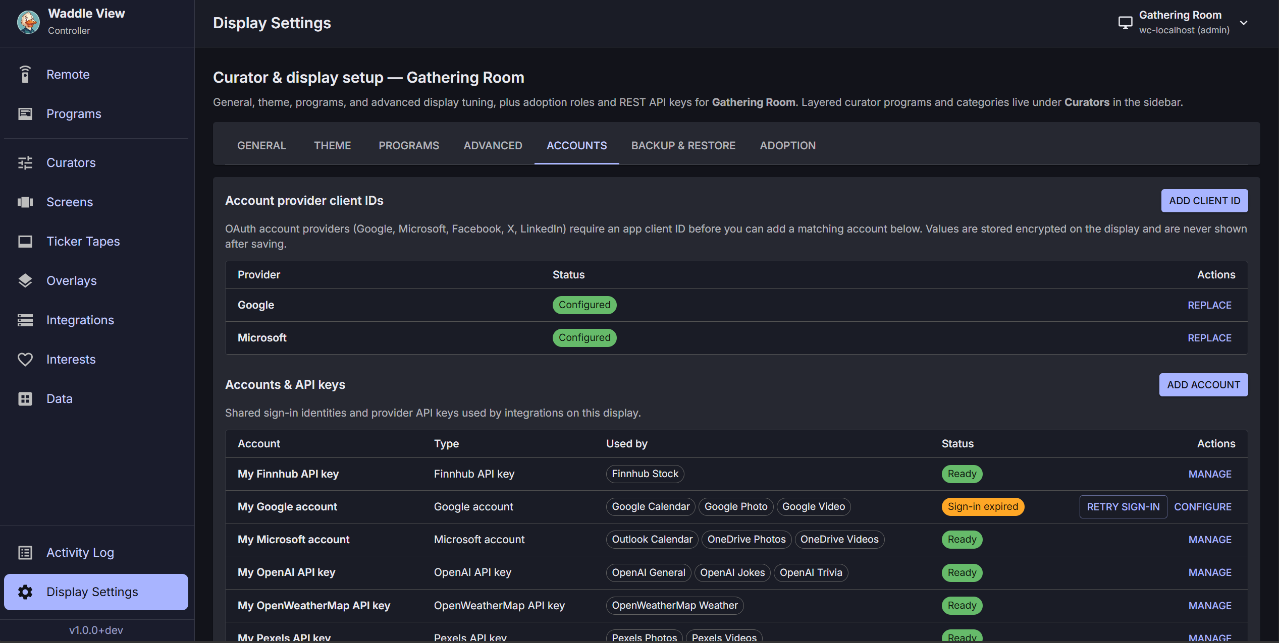 Waddle View controller accounts screen