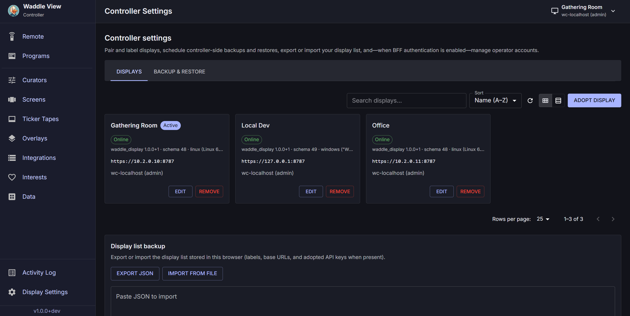 Waddle View controller settings screen