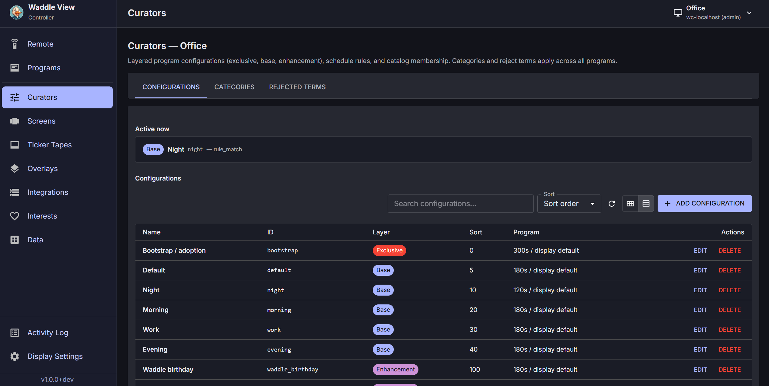 Waddle View controller curators screen