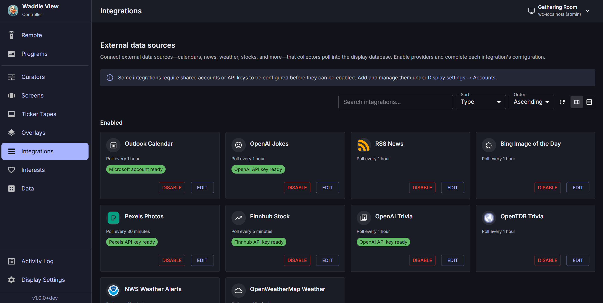 Waddle View controller integrations list