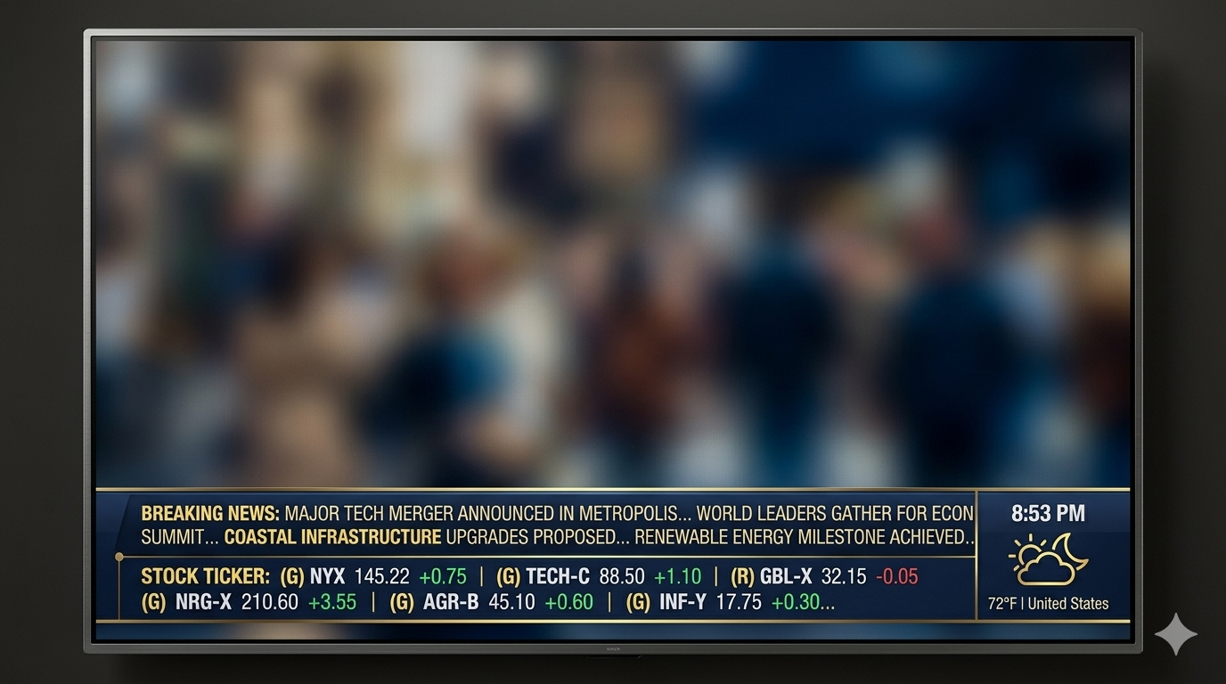 TV screen with a scrolling news and stocks ticker along the bottom