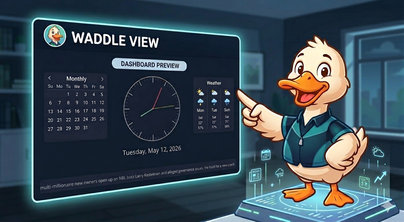 Living room TV showing a Waddle View dashboard with weather and photos